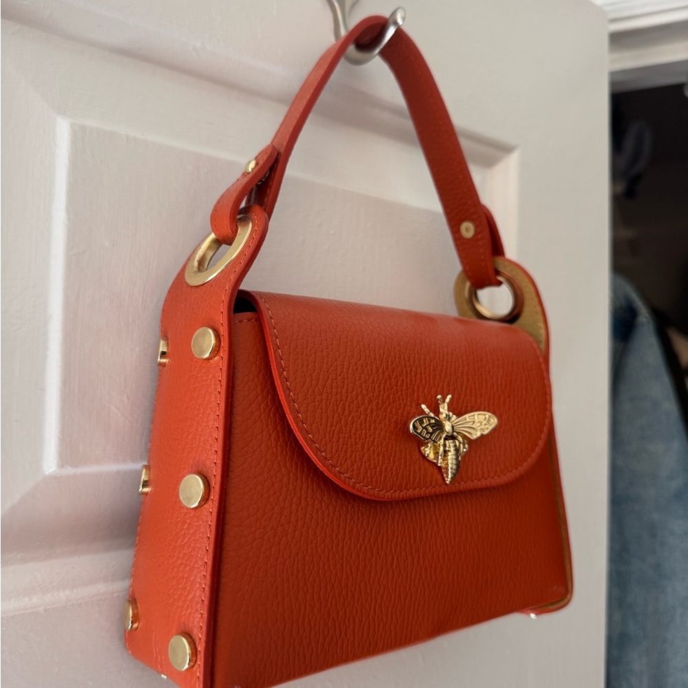 Italian Orange Leather Handbag with Gold Bumble Bee Clasp